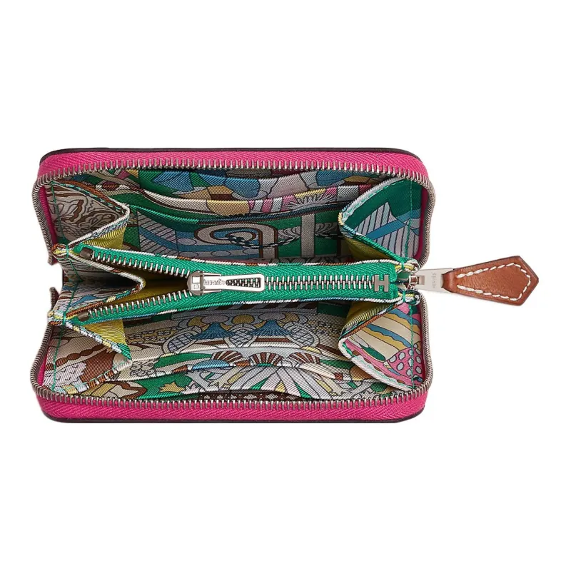 HERMES Silk'In Epson With Barenia Calfskin Wallet Women's Raspberry Red/Mint Green-5