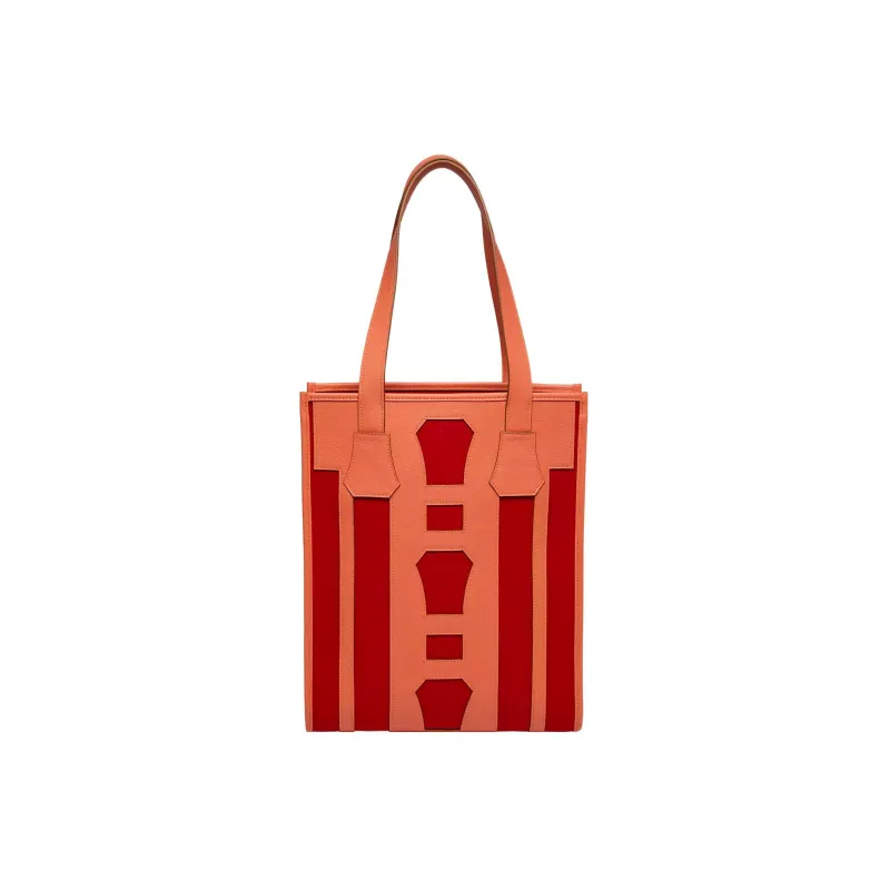 HERMES Dream Catcher Calfskin With Canvas Tote Bag Shopping Bag Handbag Women's Pink/Red/Yellow/Orange-2