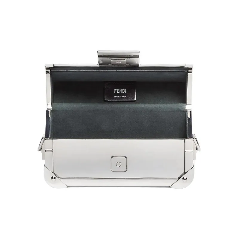 FENDI BaguetteTrunk Cow Leather Detail Shoulder Bag Crossbody Bag Men's Silver-3