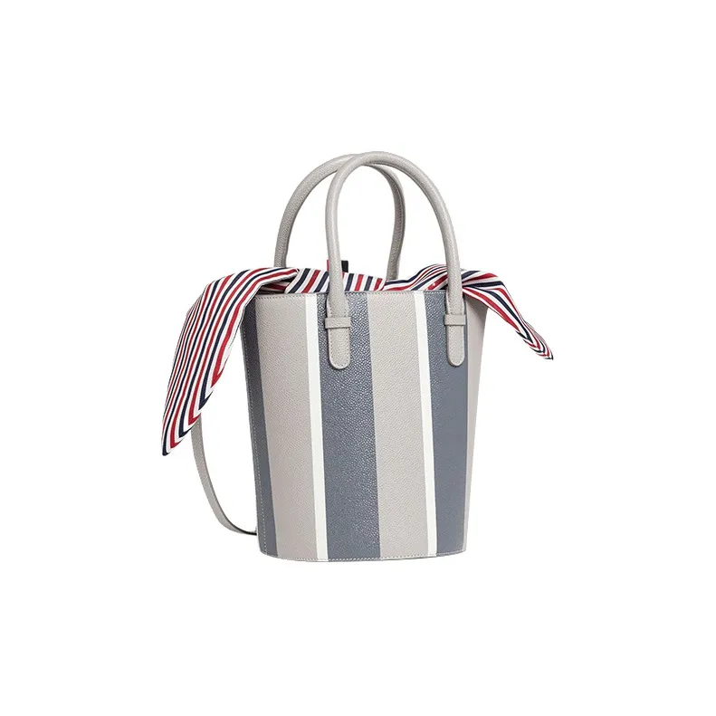 THOM BROWNE· Pebble Texture Leather Bucket Bag, Crossbody, One Shoulder Handbag Women's Medium Gray-1