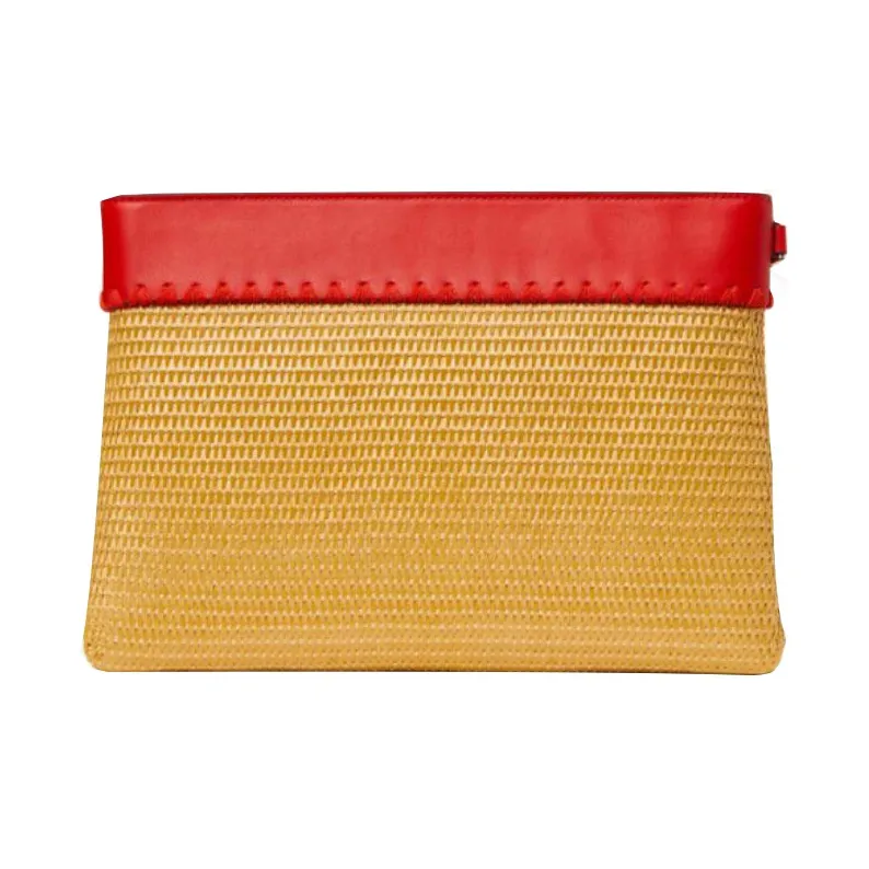 Kate Spade Straw Woven With Leather Wrist Bags Clutches Women's Yellow And Red-1