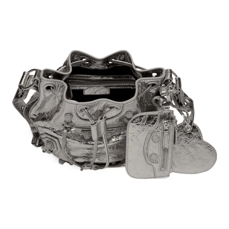 Balenciaga Lambskin Bucket Bags Crossbody One Shoulder Handbags Extra Small Women's Silver-4