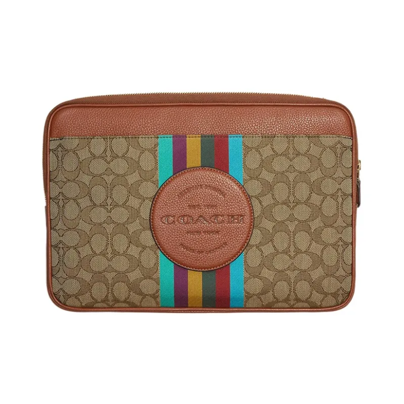 COACH Iconic Jacquard With Refined Pebbled Leather Clutch Computer Case Laptop Bag Tubas Women's Khaki-1