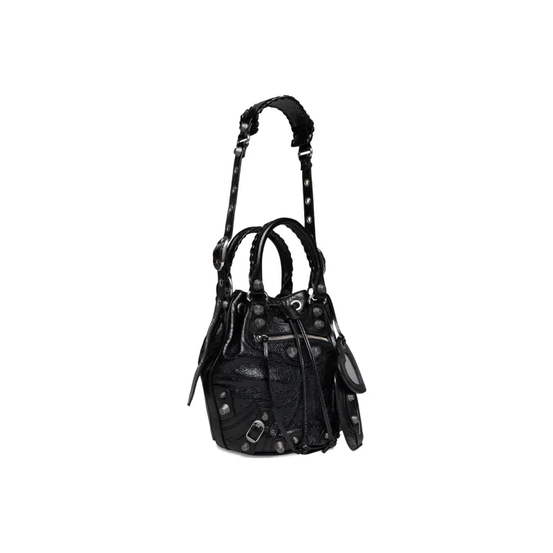 Balenciaga Le Cagole Fine Grained Sheepskin Bucket Bags One Shoulder Handbags Small Size Women's Black-2