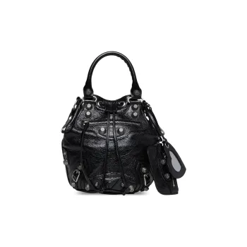 Balenciaga Le Cagole Fine Grained Sheepskin Bucket Bags One Shoulder Handbags Small Size Women's Black