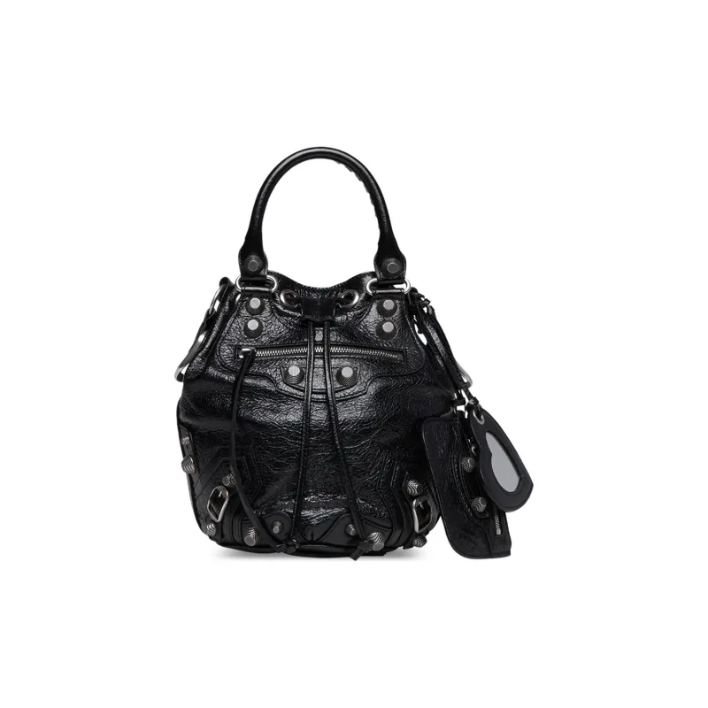 Balenciaga Le Cagole Fine Grained Sheepskin Bucket Bags One Shoulder Handbags Small Size Women's Black-0