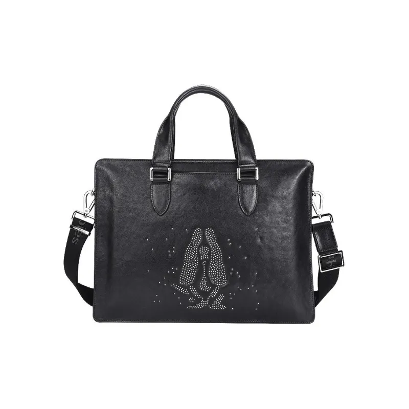 Hush Puppies Top Grain Cow Leather Briefcases Large Size Men's Black-1