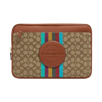 COACH Iconic Jacquard With Refined Pebbled Leather Clutch Computer Case Laptop Bag Tubas Women's Khaki