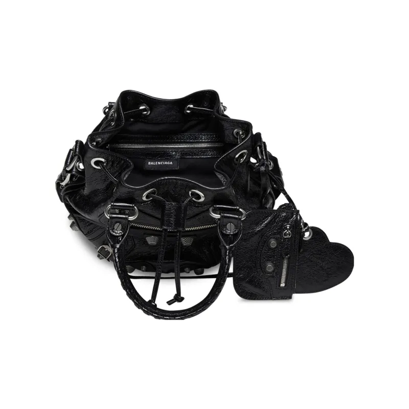 Balenciaga Le Cagole Fine Grained Sheepskin Bucket Bags One Shoulder Handbags Small Size Women's Black-5