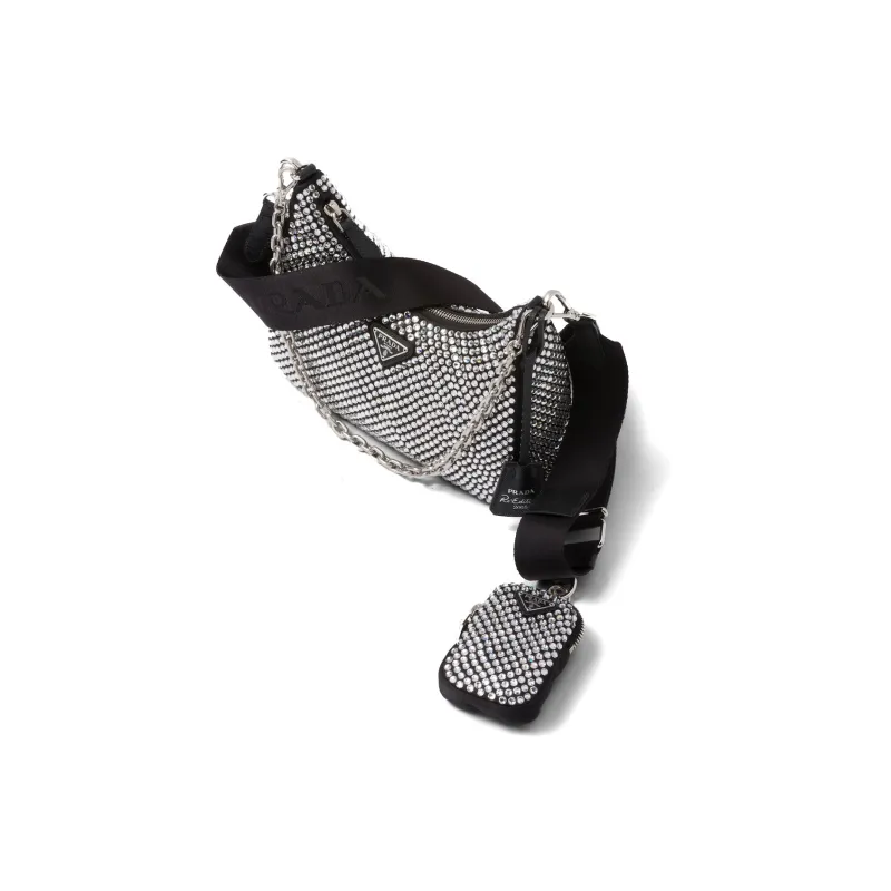 PRADA Re Edition 2005 Crystal Embellished Satin Bag Silver-2