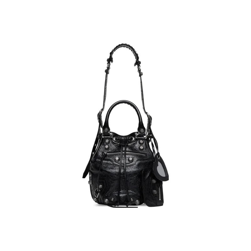 Balenciaga Le Cagole Fine Grained Sheepskin Bucket Bags One Shoulder Handbags Small Size Women's Black-1