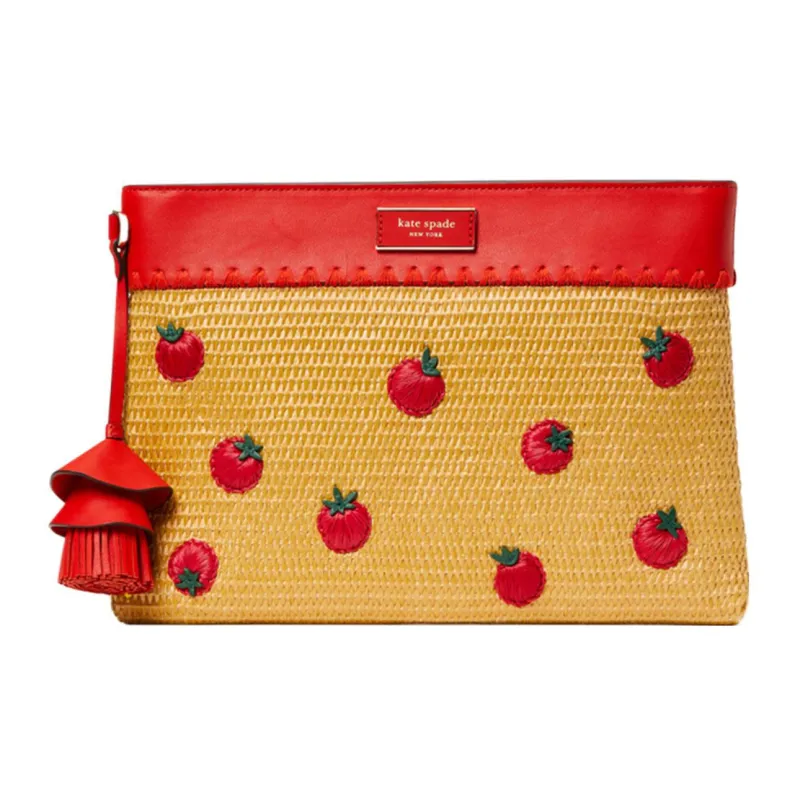 Kate Spade Straw Woven With Leather Wrist Bags Clutches Women's Yellow And Red-0