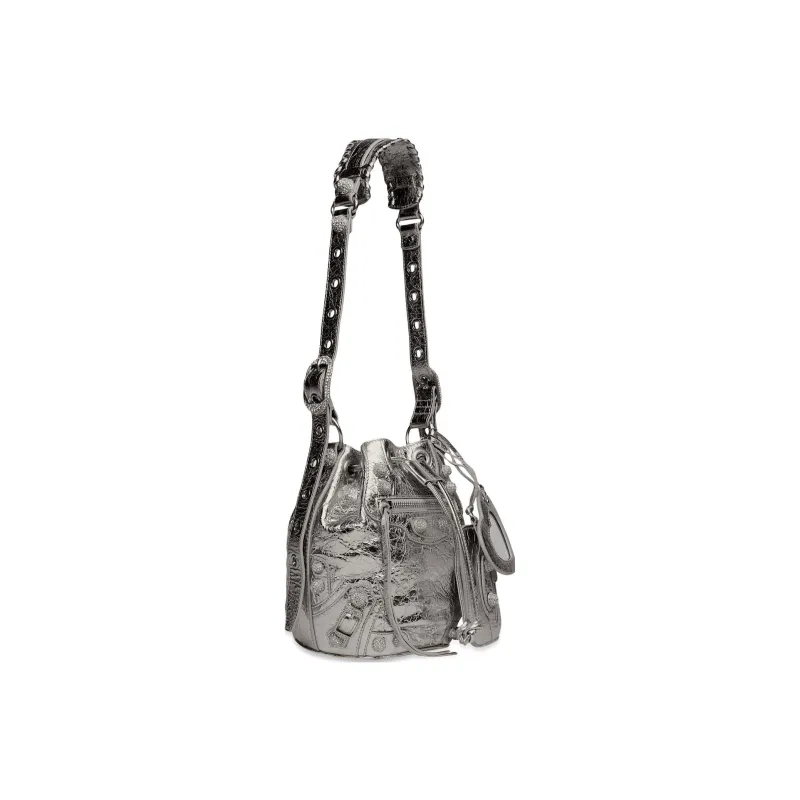 Balenciaga Lambskin Bucket Bags Crossbody One Shoulder Handbags Extra Small Women's Silver-1