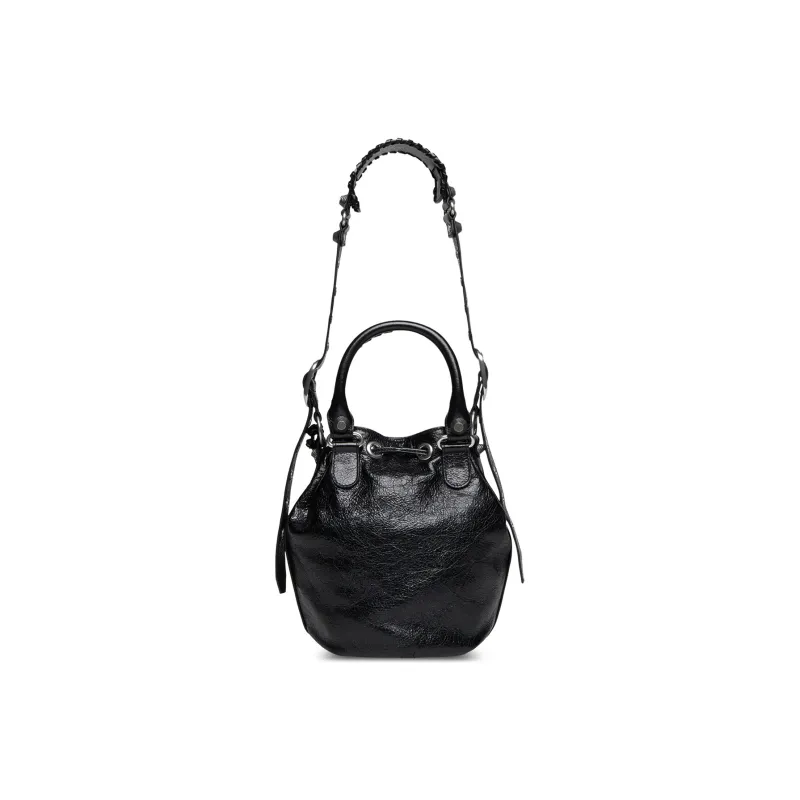 Balenciaga Le Cagole Fine Grained Sheepskin Bucket Bags One Shoulder Handbags Small Size Women's Black-4
