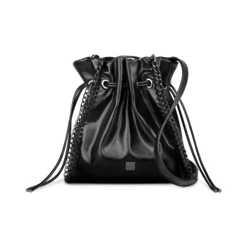 INJOYLIFE Cow Leather Biker Bucket Bag Shoulder Bag Crossbody Bag Small Size Women's Black