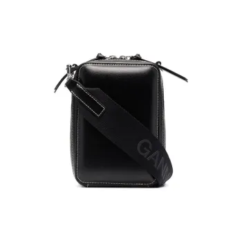 GANNI Recycled Material, Leather Messenger Bag, Handbag, Shoulder Bag, Crossbody Bag Women's Black