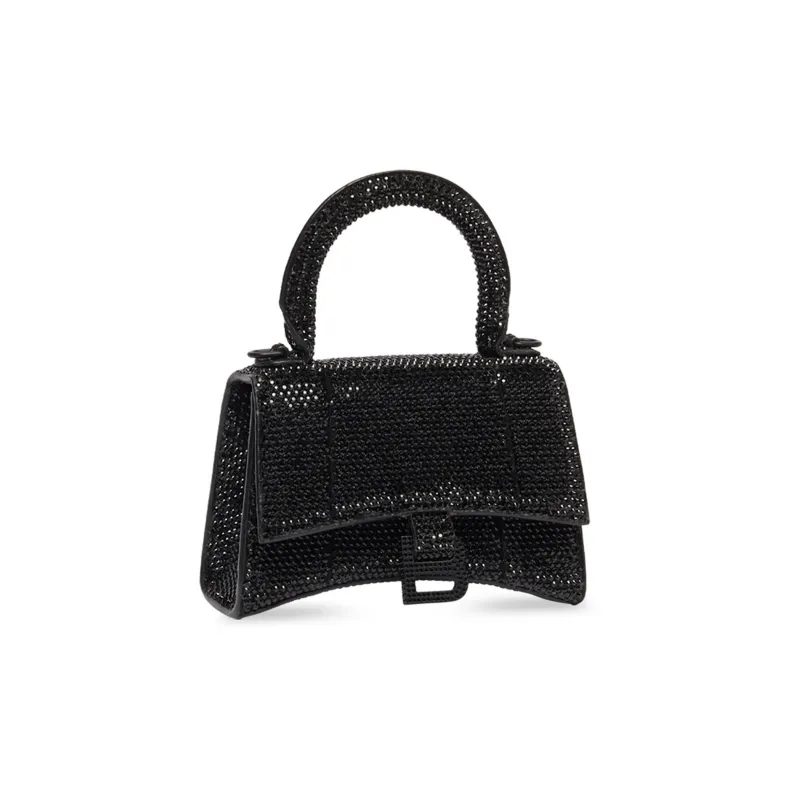 Balenciaga Hourglass Suede Calfskin With Rhinestone Shoulder Bag, Crossbody Bag, Handbag Mini Women's Black-2