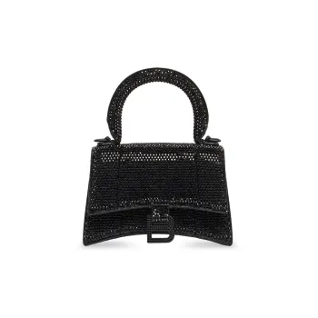 Balenciaga Hourglass Suede Calfskin With Rhinestone Shoulder Bag, Crossbody Bag, Handbag Mini Women's Black