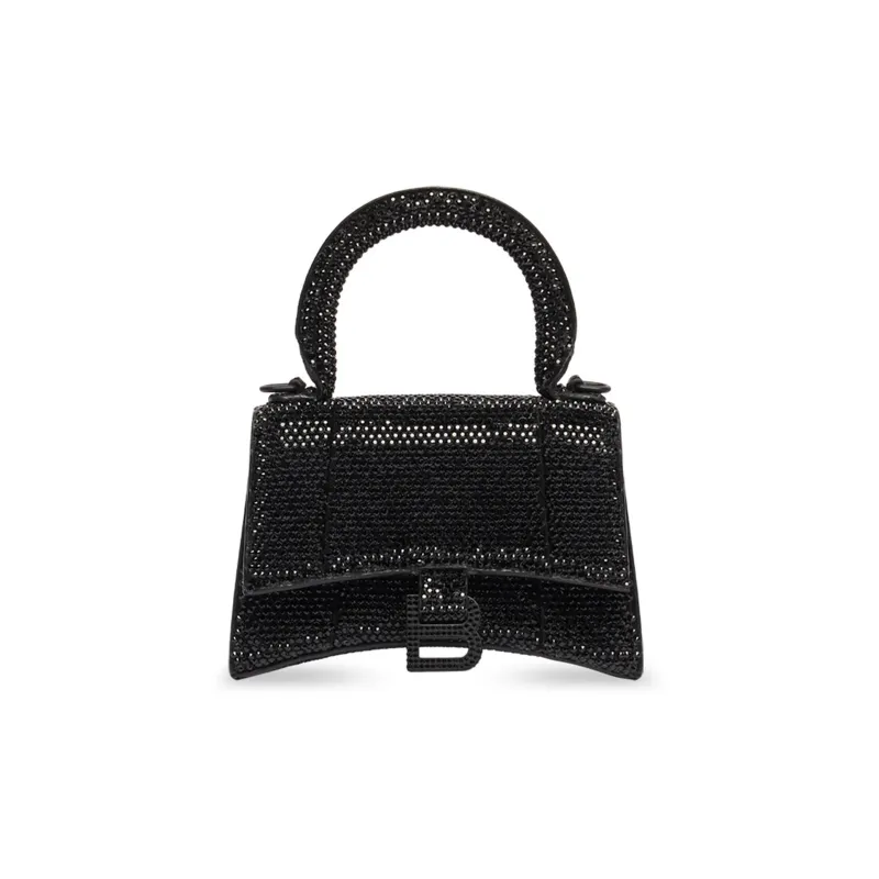 Balenciaga Hourglass Suede Calfskin With Rhinestone Shoulder Bag, Crossbody Bag, Handbag Mini Women's Black-0