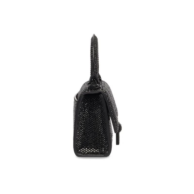Balenciaga Hourglass Suede Calfskin With Rhinestone Shoulder Bag, Crossbody Bag, Handbag Mini Women's Black-3