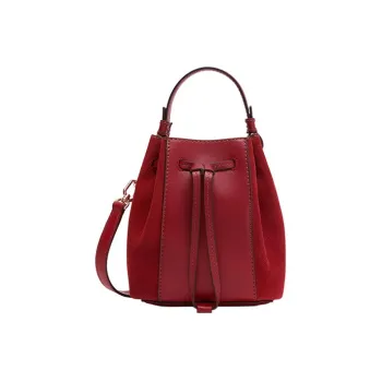 Furla Miastella Calfskin With Suede Bucket Bag, Handbag, Shoulder Bag, Crossbody Bag Mini Women's Cherry Red