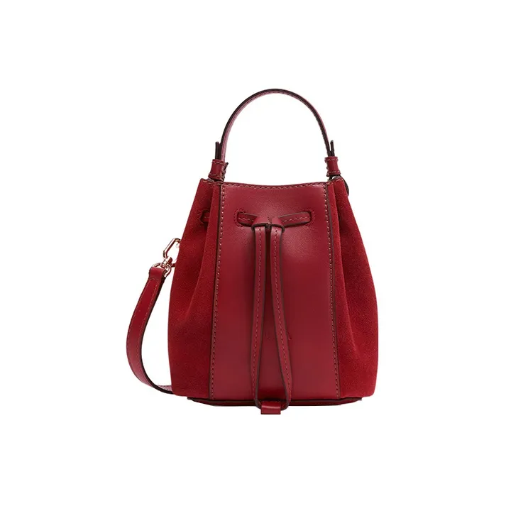 Furla Miastella Calfskin With Suede Bucket Bag, Handbag, Shoulder Bag, Crossbody Bag Mini Women's Cherry Red-0