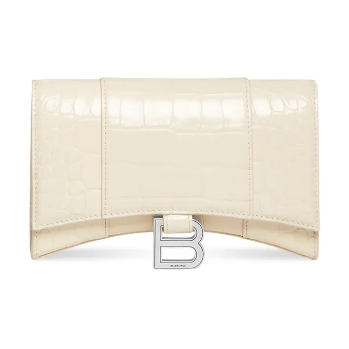 Balenciaga Hourglass Shiny Crocodile Embossed Calfskin Wallet Women's Light Beige-0