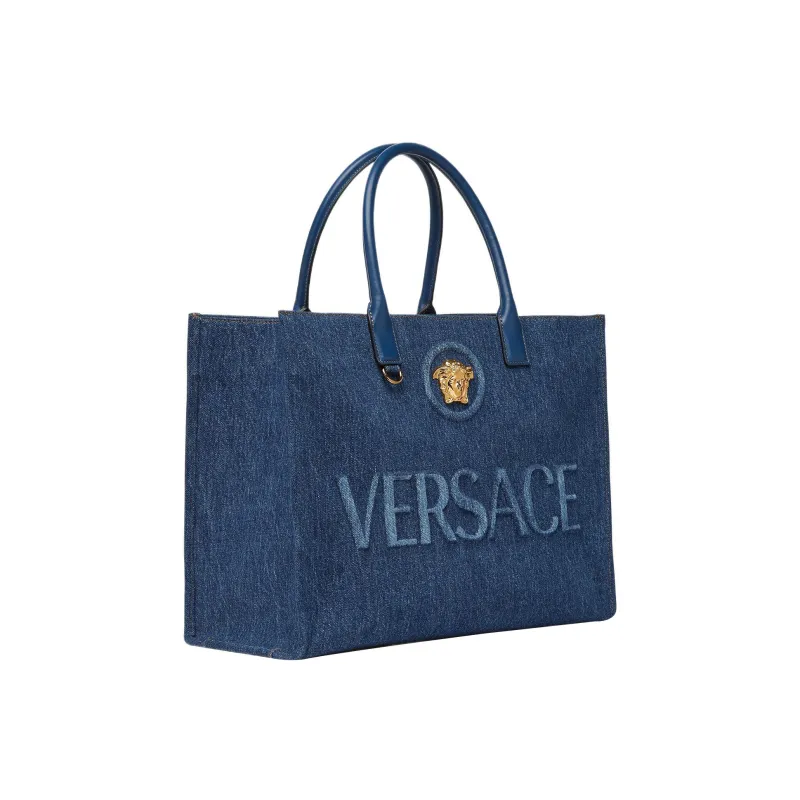 FANSIZHE La Medusa Denim Canvas Cow Leather Patchwork Tote Bag, Shopping Bag, Handbag Regular Women's Blue-1