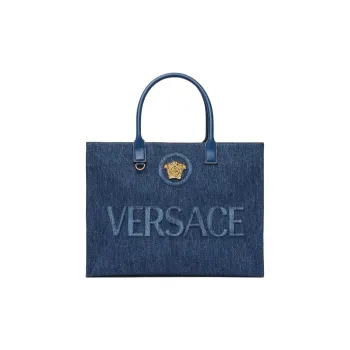 FANSIZHE La Medusa Denim Canvas Cow Leather Patchwork Tote Bag, Shopping Bag, Handbag Regular Women's Blue