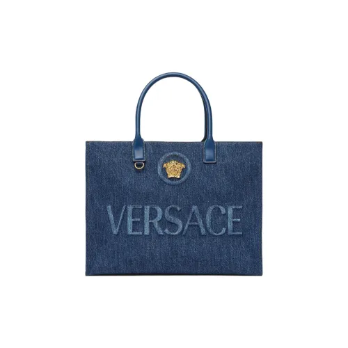 FANSIZHE La Medusa Denim Canvas Cow Leather Patchwork Tote Bag, Shopping Bag, Handbag Regular Women's Blue