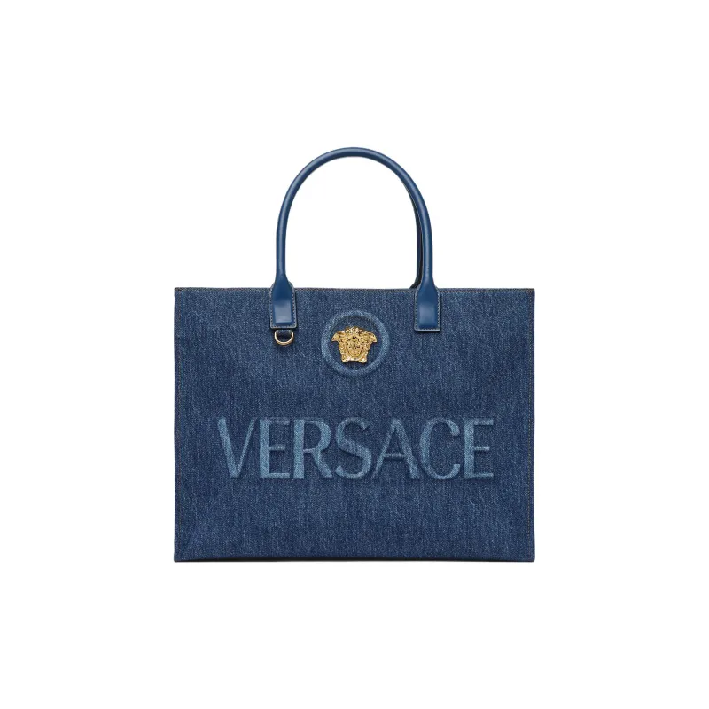 FANSIZHE La Medusa Denim Canvas Cow Leather Patchwork Tote Bag, Shopping Bag, Handbag Regular Women's Blue-0