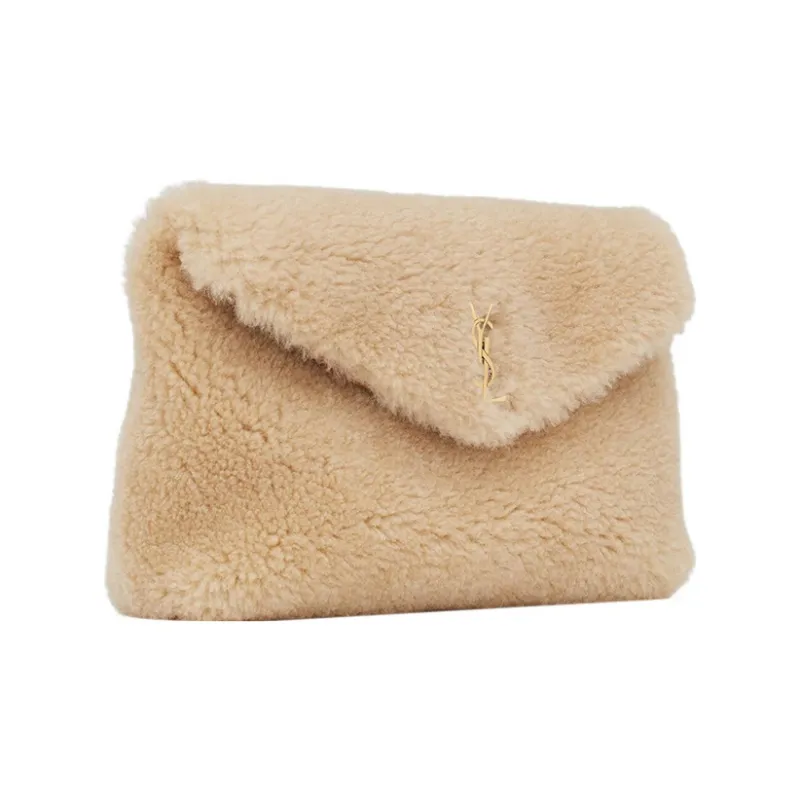 SAINT LAURENT PUFFER Sheared Wool Envelope Bag Clutches Small Size Women's Beige-2