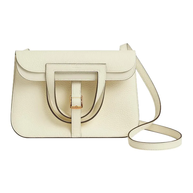 HERMES Halzan Clemence Bullock Leather Horse Shoe Bag Handbag Shoulder Bag Crossbody Bag Women's I2 Nata Cream White-0