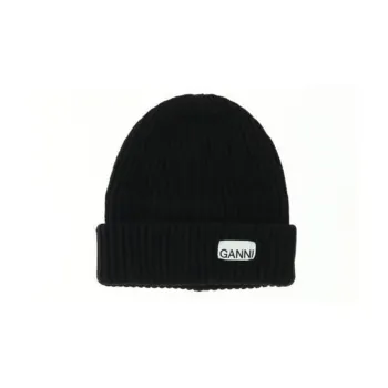 GANNI Logo patch Ribbed knit Beanie
