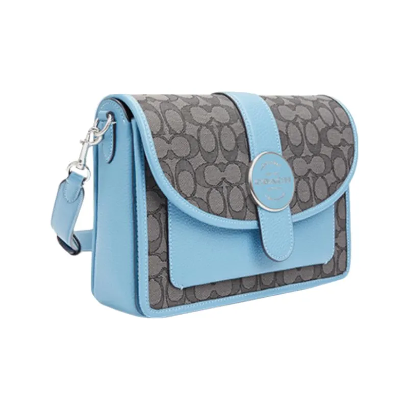 COACH Lonnie Jacquard Fabric With Cow Leather Shoulder Bag, Crossbody Bag Medium Size Women's Smoke Gray & Blue-1