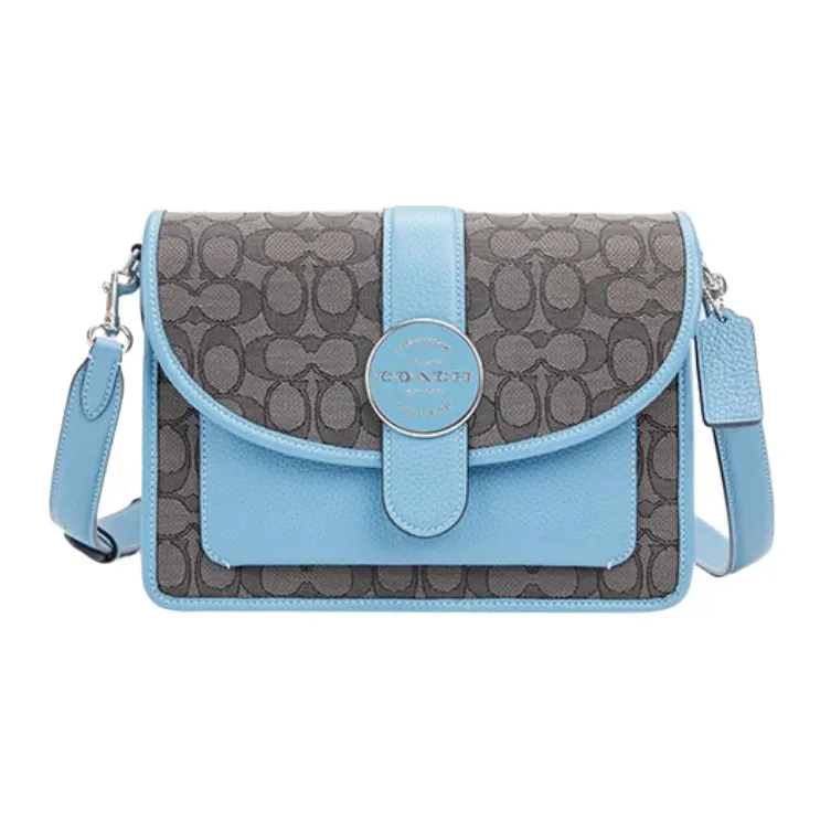 COACH Lonnie Jacquard Fabric With Cow Leather Shoulder Bag, Crossbody Bag Medium Size Women's Smoke Gray & Blue-0