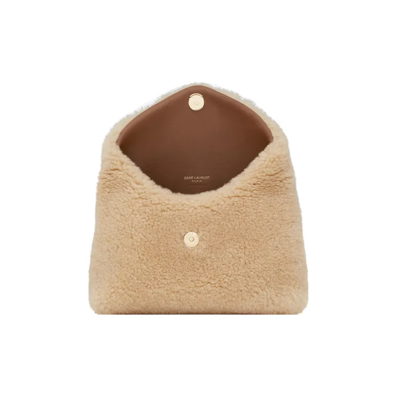 SAINT LAURENT PUFFER Sheared Wool Envelope Bag Clutches Small Size Women's Beige-5