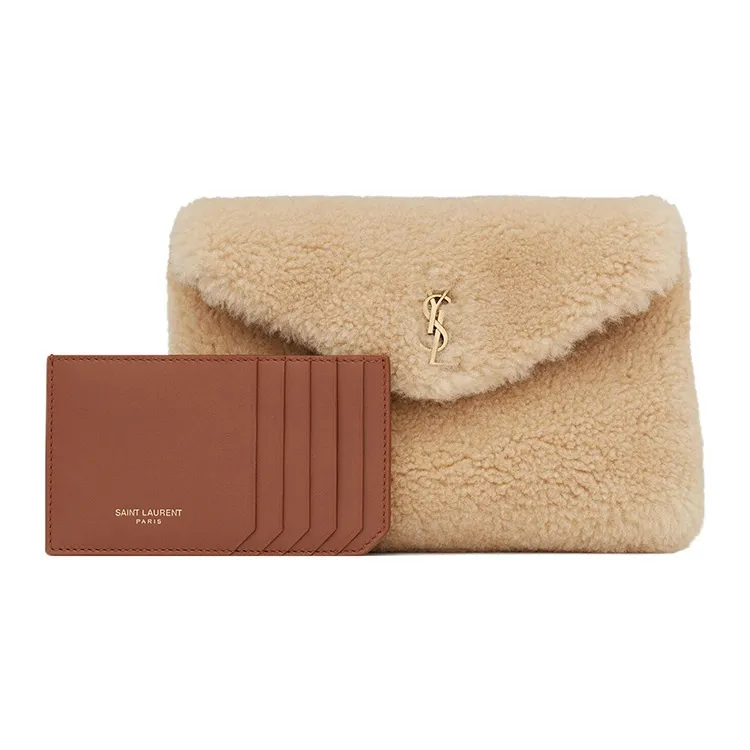 SAINT LAURENT PUFFER Sheared Wool Envelope Bag Clutches Small Size Women's Beige-1