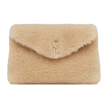 SAINT LAURENT PUFFER Sheared Wool Envelope Bag Clutches Small Size Women's Beige