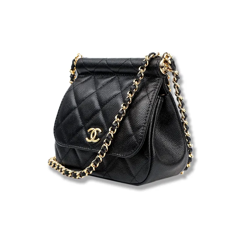 CHANEL 22K Autumn And Winter Calfskin And Gold Metal Flap Bag Shoulder Bag Crossbody Bag Small Size Women's Black-1