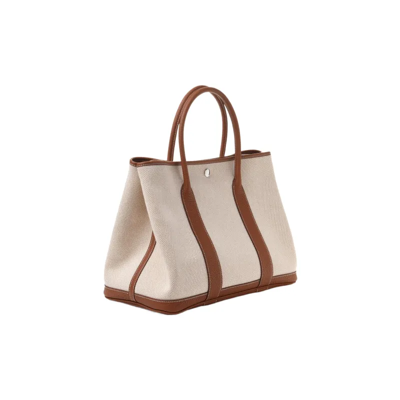 HERMES Garden Party Canvas With Leather Garden Handbag Unisex Gold Brown/Sand Yellow-1