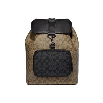 COACH Sullivan Cow Leather Patchwork With Fabric Backpack Men's Khaki Mix Charcoal