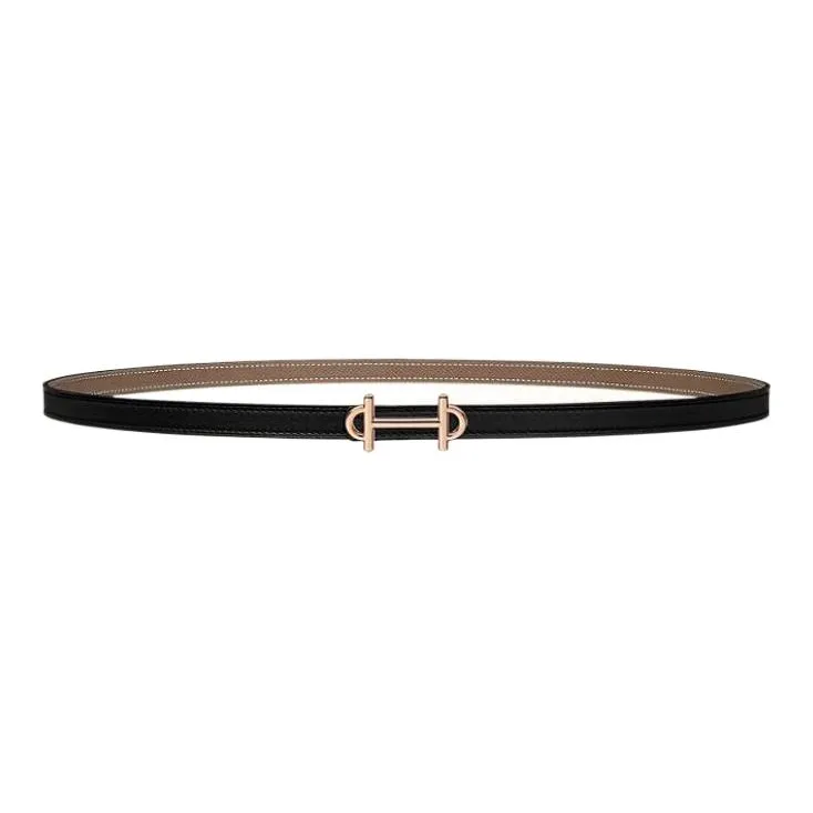 HERMES Gamma Rose Gold Buckle Epsom Calfskin Double Sided Leather Belt Women's Black/Elephant Gray Width 1.3cm-0