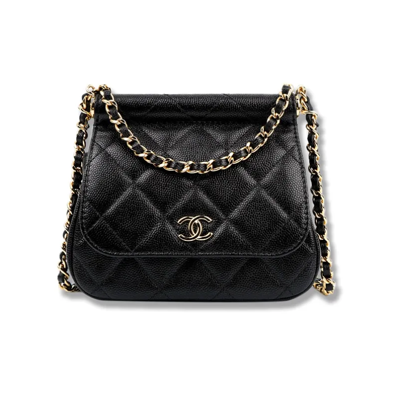CHANEL 22K Autumn And Winter Calfskin And Gold Metal Flap Bag Shoulder Bag Crossbody Bag Small Size Women's Black-0