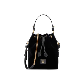 TF DISCO Velvet And Leather Trim Bucket Bag Handbag Shoulder Bag Crossbody Bag Small Size Women's Black