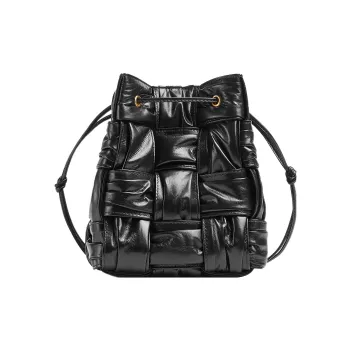 Bottega Veneta Plisse Intreccio Cassette Bucket Crossbody Bag Small Black