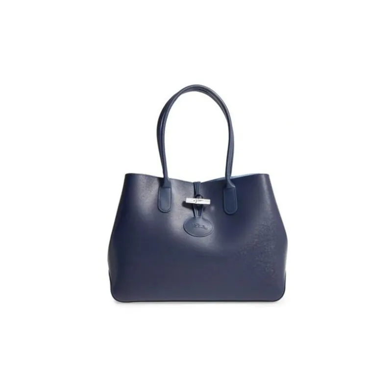LONGCHAMP Roseau Leather Tote Bag, Shopping Bag, Handbag, Shoulder Bag Women's Marine Blue-0