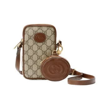 GUCCI Canvas With Leather Shoulder Bag, Crossbody Bag Mini Unisex Ebony/Brown