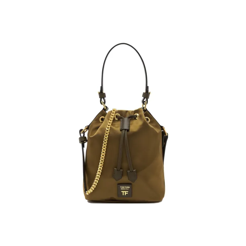 TOM FORD Velvet And Leather Trim Bucket Bag Handbag Shoulder Bag Crossbody Bag Small Size Women's Khaki Brown-0