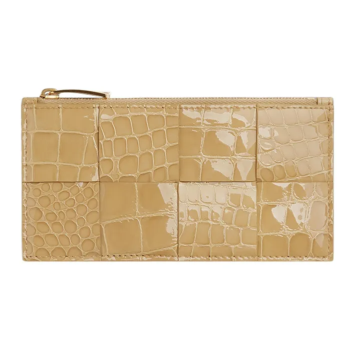Bottega Veneta Crocodile Pattern Embossed Shinny Leather Card Holder Women's Light Gold-0